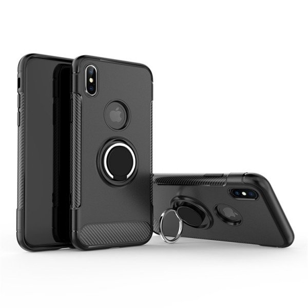 Wholesale iPhone Xs Max 360 Rotating Ring Stand Hybrid Case with Metal Plate (Black)